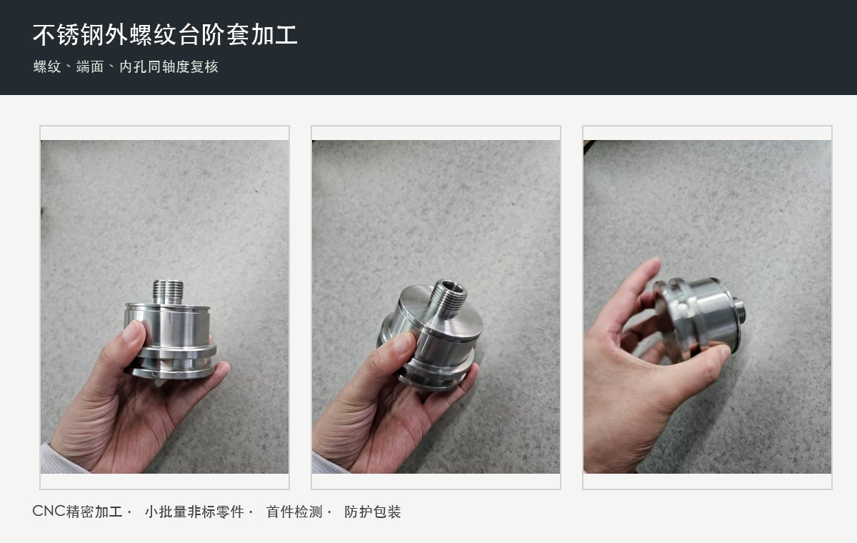 不锈钢外螺纹台阶套小批量加工，螺纹和端面贴合怎么一起验？